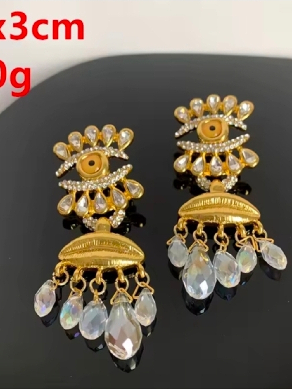 Gold Eye-and-Lip Dangle Earrings with Crystal Drops - Picture 3 of 3
